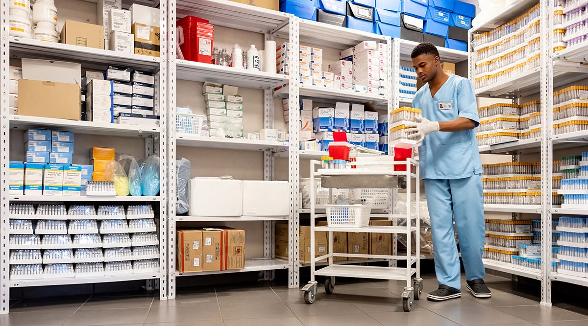 Pharmacy shelf stocked with medicines
